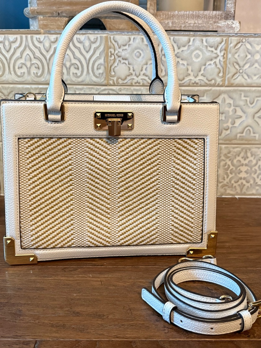Michael Kors Cream and Natural Woven Top-Handle Satchel with Detachable Strap